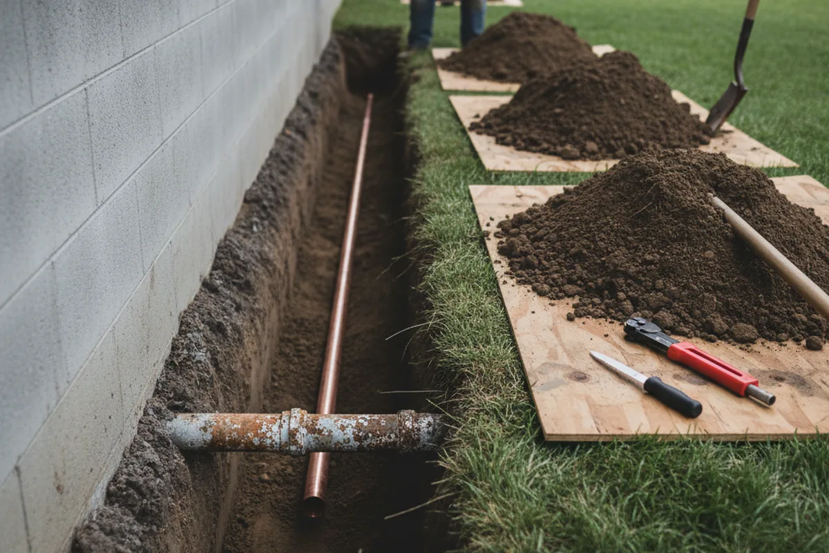 Excavated water line trench during Sewer Line Repair in Myrtle Point